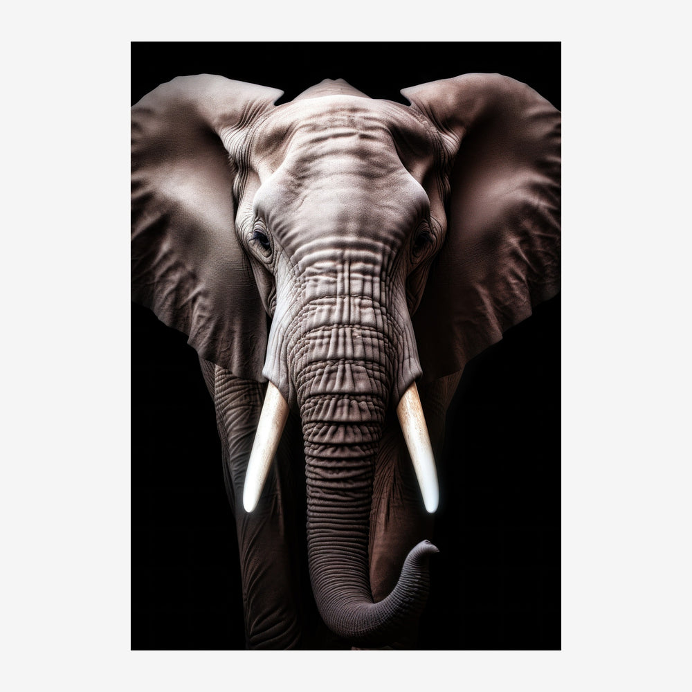 Portrait frontal en gros plan d'un éléphant gris aux défenses d'ivoire sur fond noir.