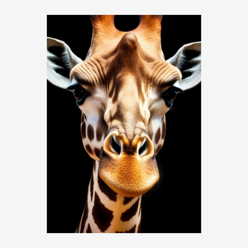 Portrait frontal d'une girafe aux tons caramel clair, sur fond noir, regard direct vers le spectateur.