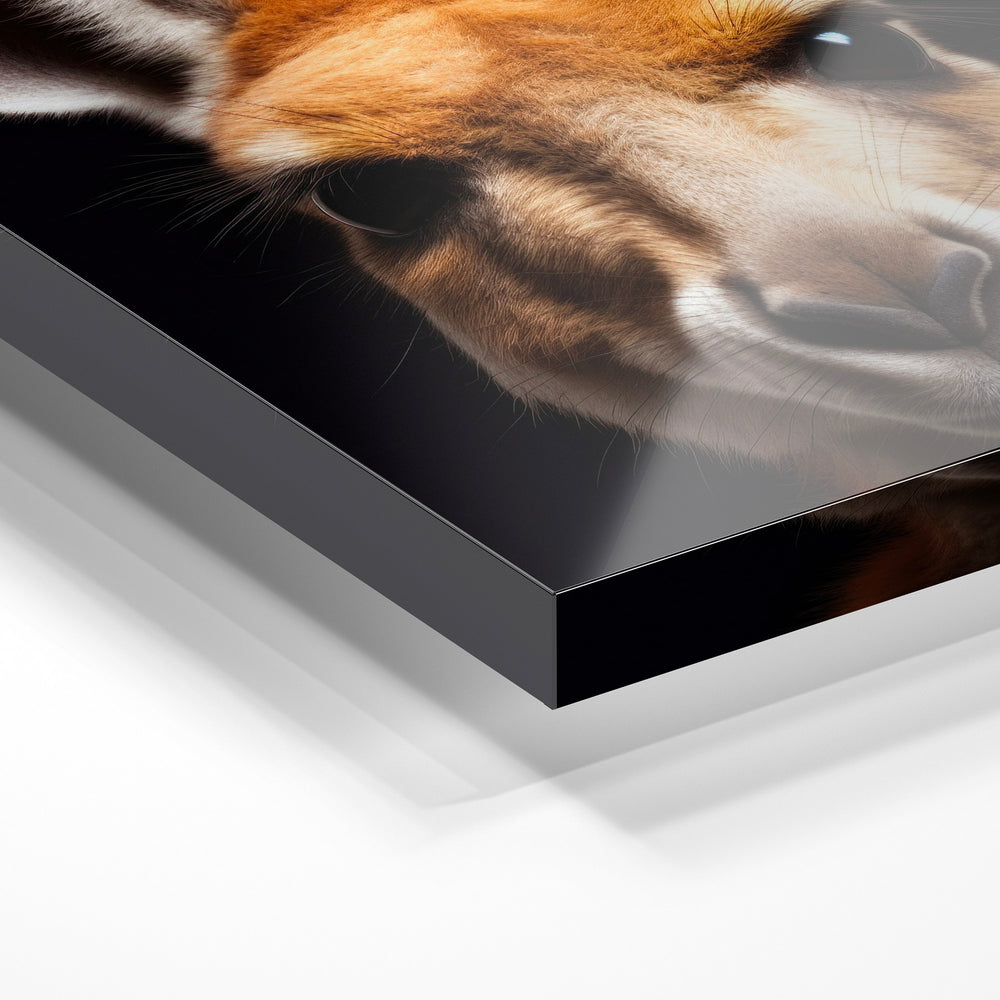 Gros plan de la matière : le tirage sous verre acrylique, tranche transparente visible.