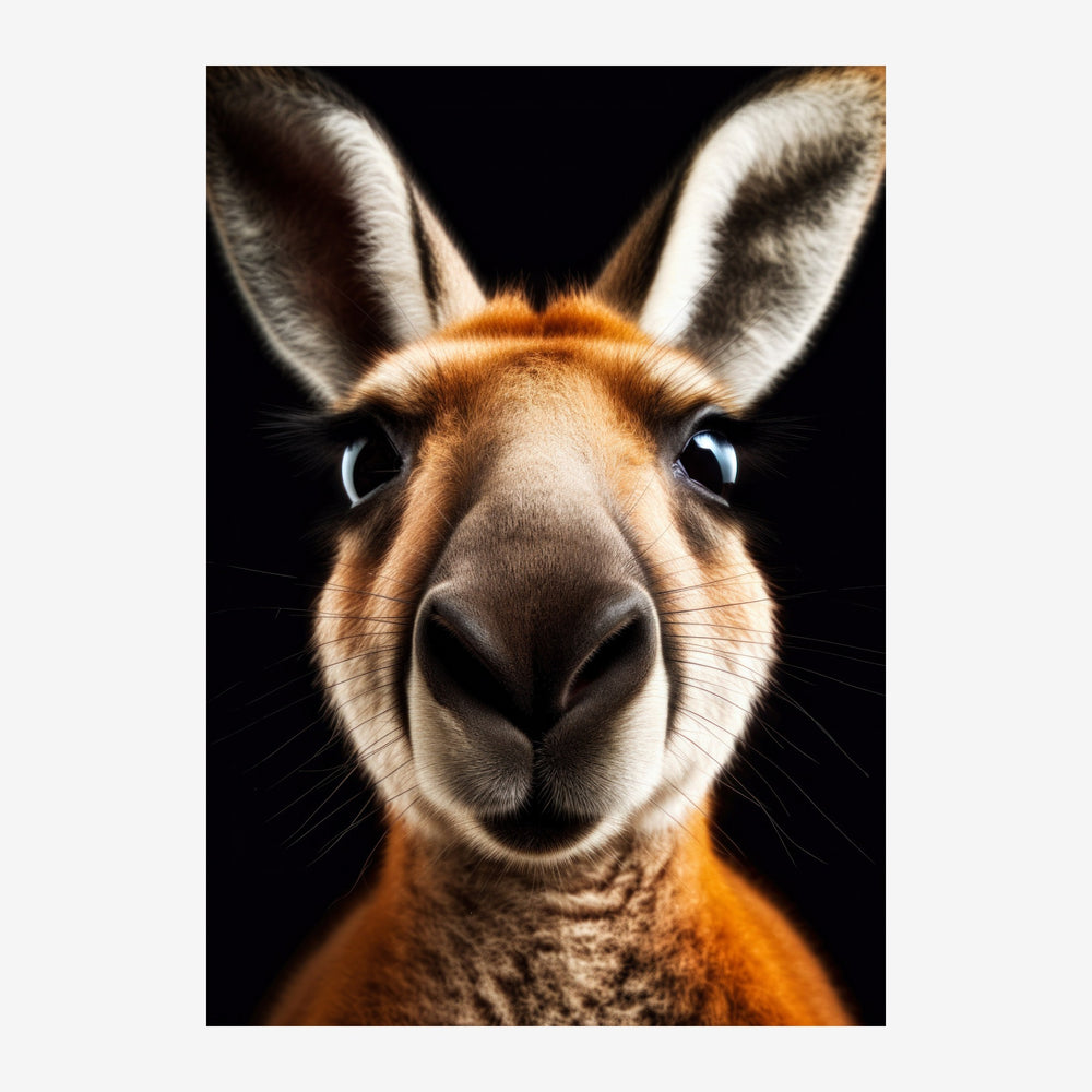 Portrait frontal d'un lama aux teintes rouges et crèmes, regardant directement l'objectif sur fond noir.