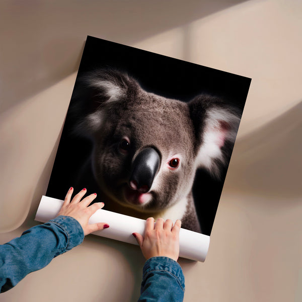 Koala noir et blanc en gros plan, regard intense — Poster HP mat