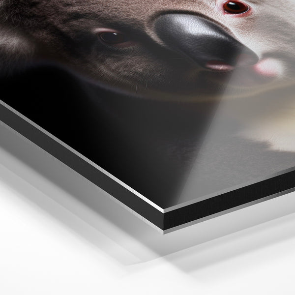 Koala noir et blanc en gros plan, regard intense — Aluminium Dibond relief 3D