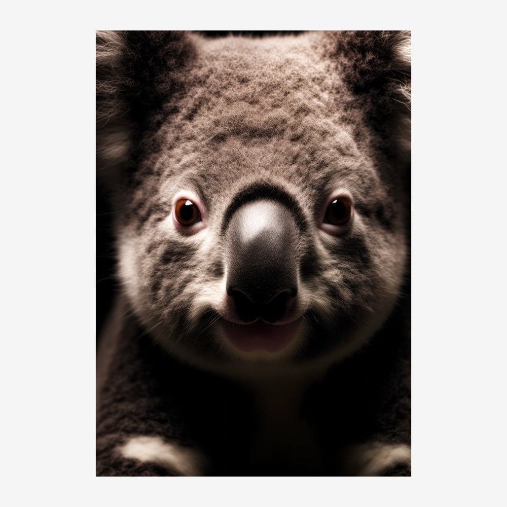 Gros plan frontal d'un koala aux yeux noirs expressifs, fourrure grise, sur fond noir.
