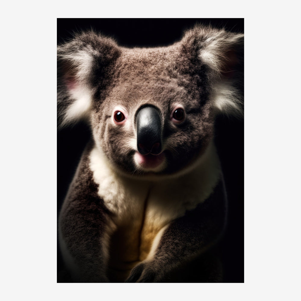 Portrait en gros plan d'un koala regardant la caméra, pelage gris clair, nez noir, yeux bruns intenses, fond noir.