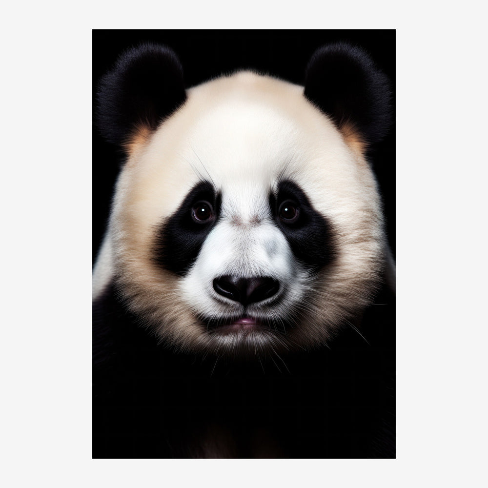 Portrait frontal d'un panda aux yeux sombres fixes, tête centrée sur fond noir, fourrure blanche et noire contrastée.