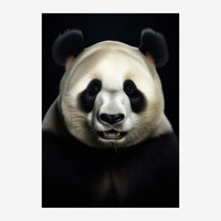Portrait en gros plan d'un panda face à la caméra, fond noir, fourrure blanche et taches noires autour des yeux.