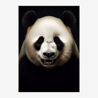 Portrait frontal d'un panda aux yeux intenses et à la fourrure blanche et noire sur fond noir.