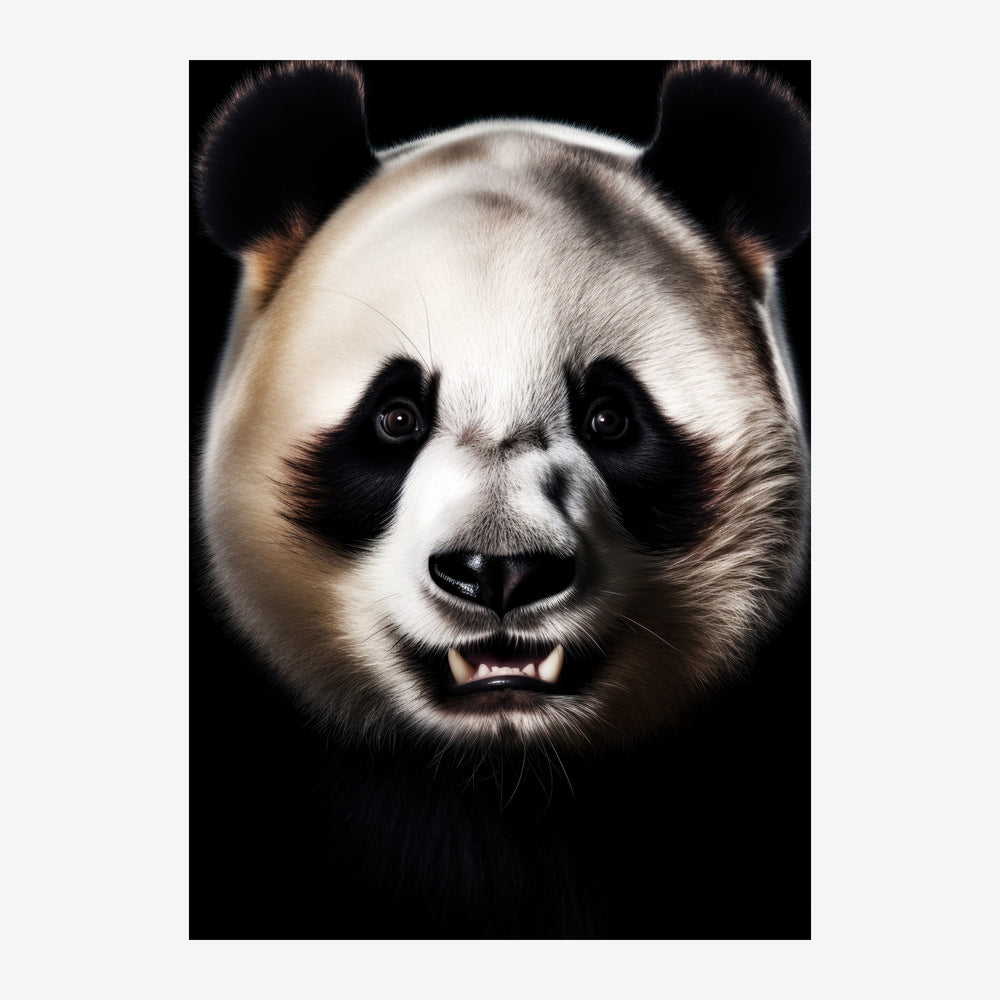 Gros plan frontal d'un visage de panda souriant face à la caméra, pelage blanc avec zones noires autour des yeux et.