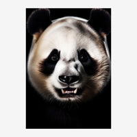 Gros plan frontal d'un visage de panda souriant face à la caméra, pelage blanc avec zones noires autour des yeux et.