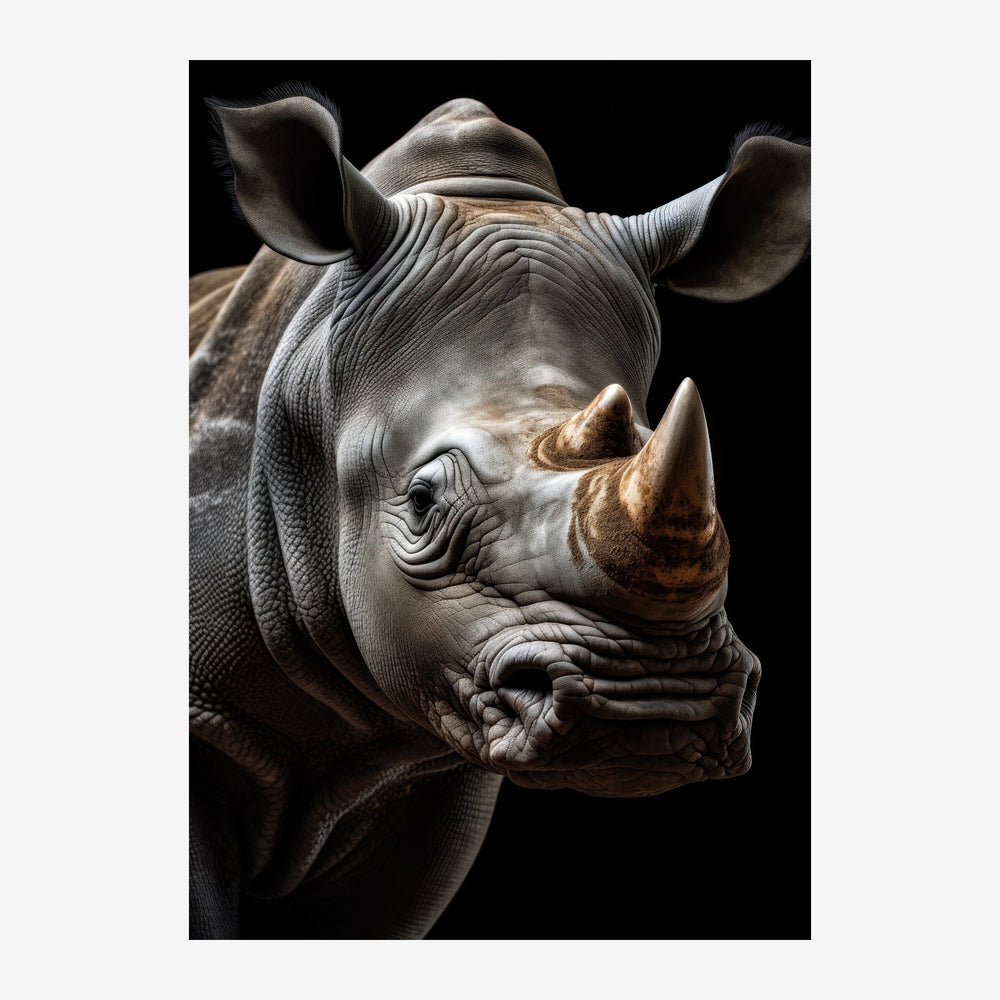 Portrait en gros plan d'un rhinocéros de profil, tête tournée vers la droite, sur fond noir, avec des détails fins de la.