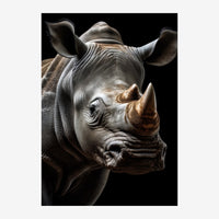 Portrait en gros plan d'un rhinocéros de profil, tête tournée vers la droite, sur fond noir, avec des détails fins de la.