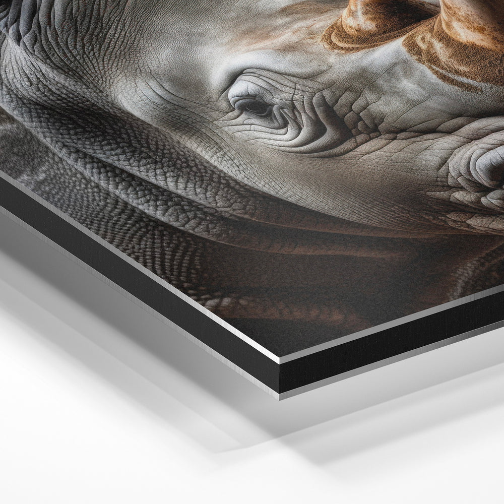 Gros plan de la matière : le tirage contrecollé sur aluminium Dibond mat, tranche visible.