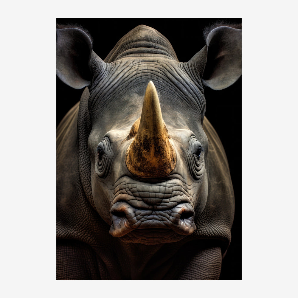 Portrait frontal d'un rhinocéros en gros plan sur fond noir, montrant sa corne, ses oreilles et sa peau ridée détaillée.