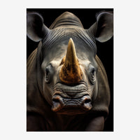 Portrait frontal d'un rhinocéros en gros plan sur fond noir, montrant sa corne, ses oreilles et sa peau ridée détaillée.