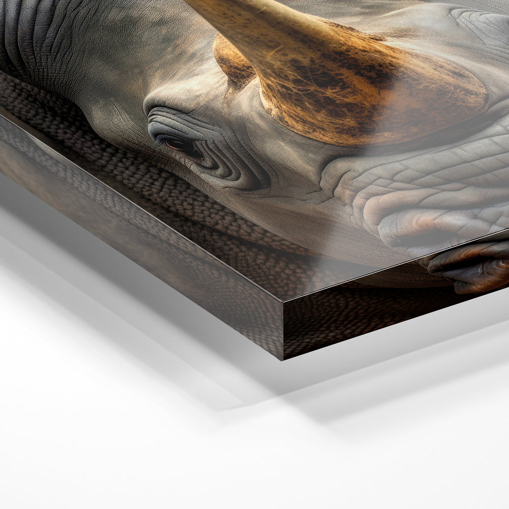 Gros plan de la matière : le tirage sous verre acrylique, tranche transparente visible.