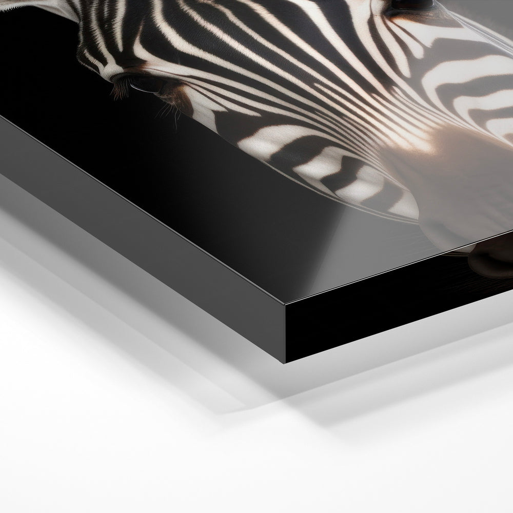 Gros plan de la matière : le tirage sous verre acrylique, tranche transparente visible.