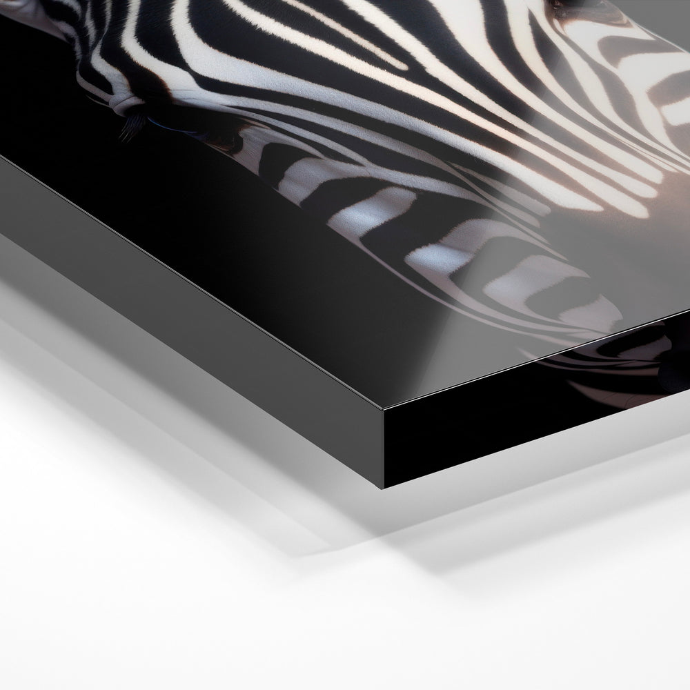 Gros plan de la matière : le tirage sous verre acrylique, tranche transparente visible.