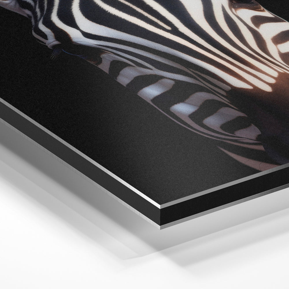 Gros plan de la matière : le tirage contrecollé sur aluminium Dibond mat, tranche visible.