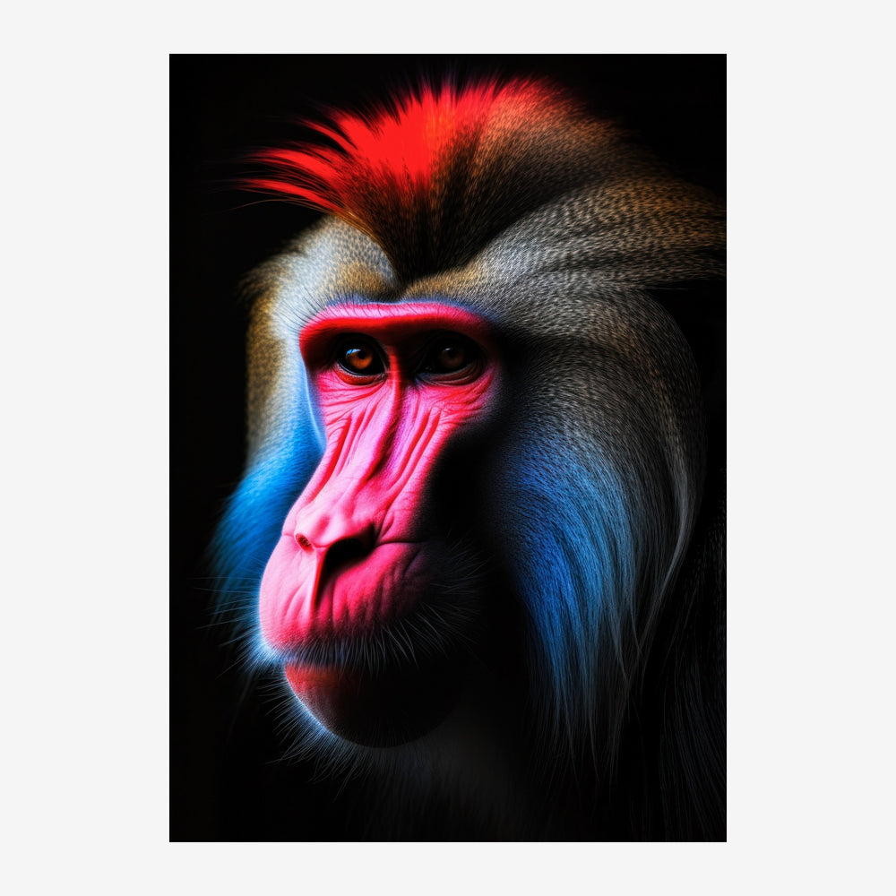 Portrait rapproché d'un mandrill face à la caméra, avec un masque facial rose et magenta luminescent, des yeux ambrés et une.