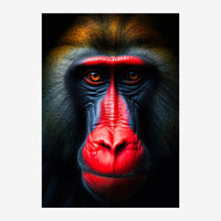 Portrait frontal d'un mandrill aux yeux orange, avec un pelage brun-roux, un visage noir et bleu, et un museau rouge vif sur.