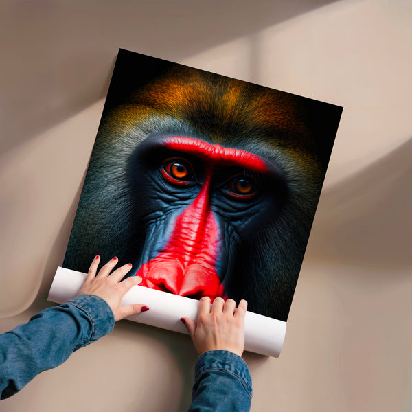 Mandrill noir et rouge, portrait animal intense — Poster HP mat