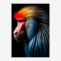 Portrait en gros plan d'un mandrill présenté de profil, face rouge vif avec fourrure grise et bleu-gris, sur fond noir.