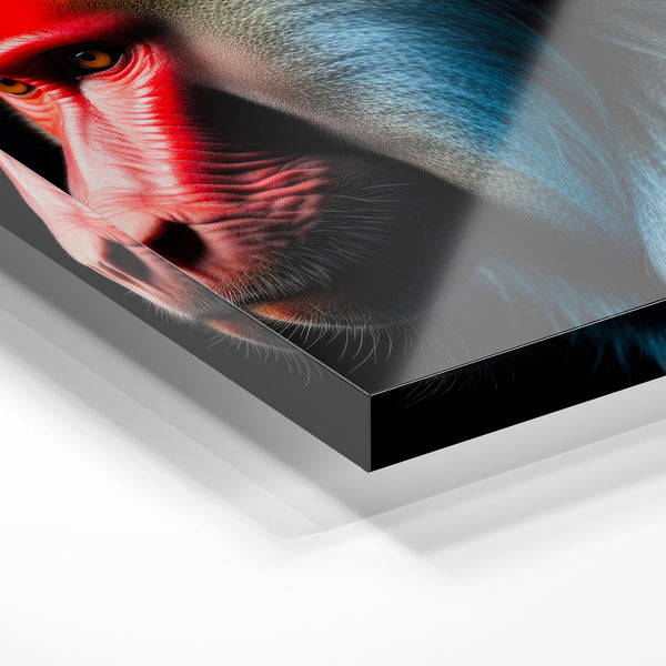 Mandrill rouge et bleu, portrait animalier noir — Verre acrylique