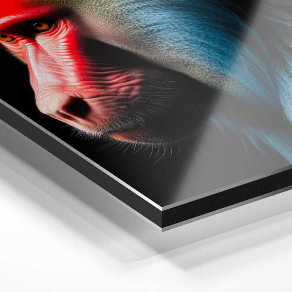 Mandrill rouge et bleu, portrait animalier noir — Aluminium Dibond relief 3D