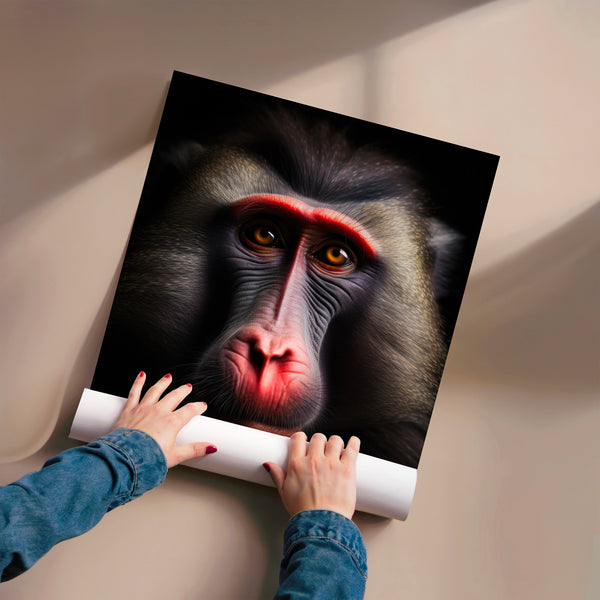 Portrait mandrill noir et rouge, style contemporain — Poster HP mat
