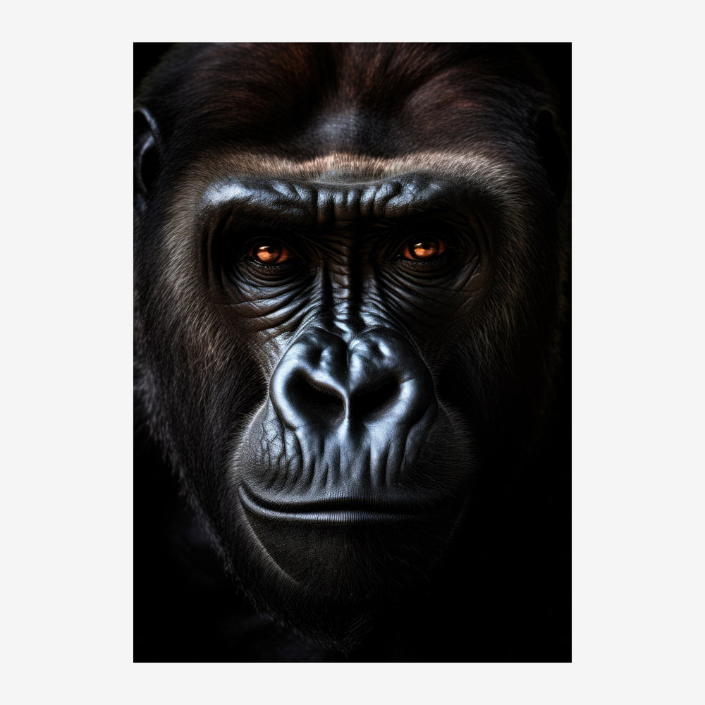 Portrait en gros plan d'un grand primate au visage noir détaillé, aux yeux ambre lumineux sur fond noir.