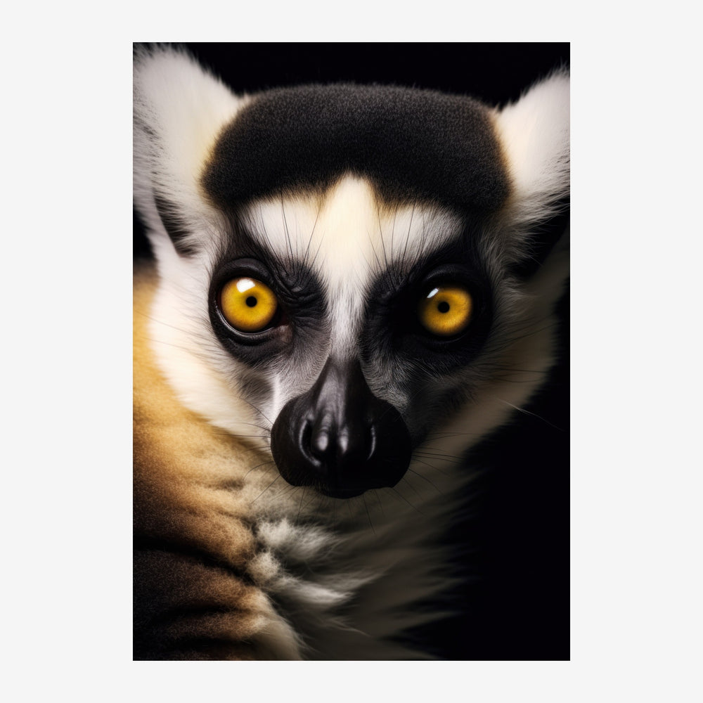 Portrait d'un lémurien noir et blanc aux yeux jaune doré vif, regardant directement vers l'avant sur un fond noir.