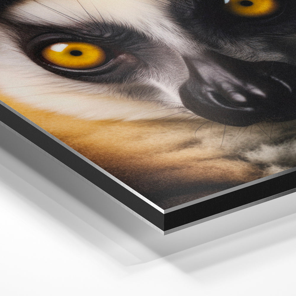 Gros plan de la matière : le tirage contrecollé sur aluminium Dibond mat, tranche visible.