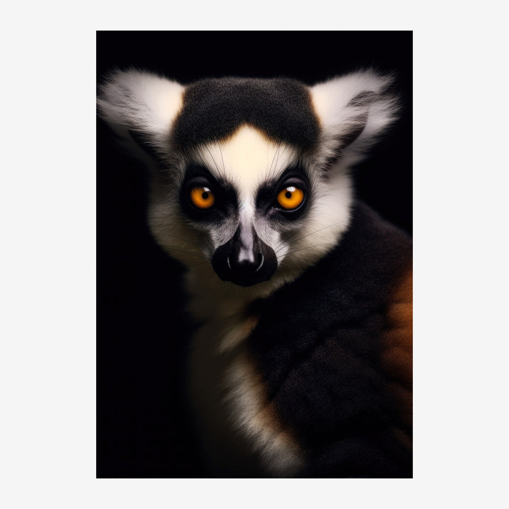 Portrait frontal d'un lémurien catta aux yeux d'or lumineux, visage blanc et noir, sur fond noir, regard direct.