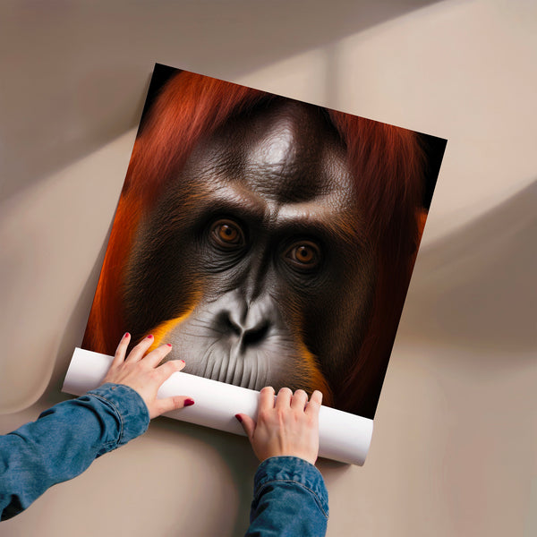 Portrait d'orang-outan roux et noir, regard intense — Poster HP mat