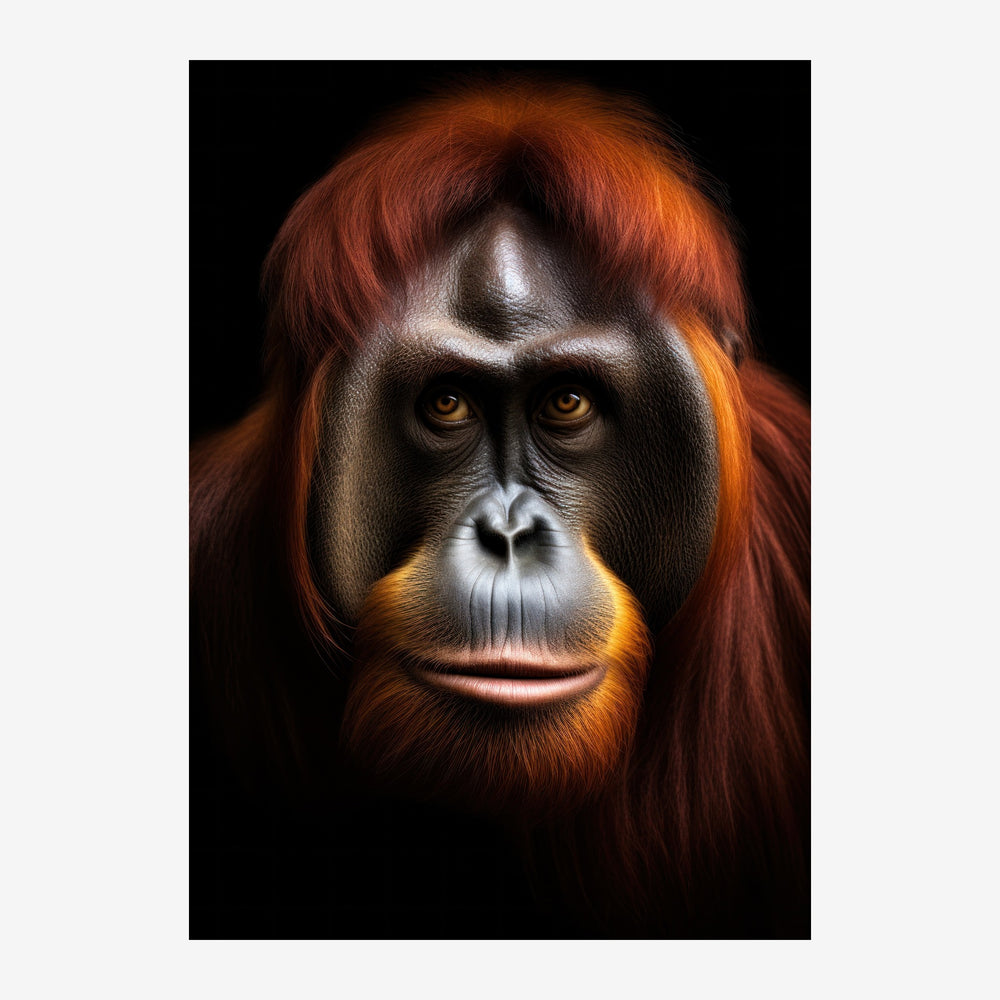 Portrait d'un orang-outan au masque facial noir et blanc contrasté, avec une épaisse fourrure roux-brun, sur fond noir.