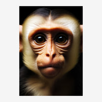 Portrait rapproché d'un singe à fourrure beige et marron avec de grands yeux noirs brillants sur un fond noir.
