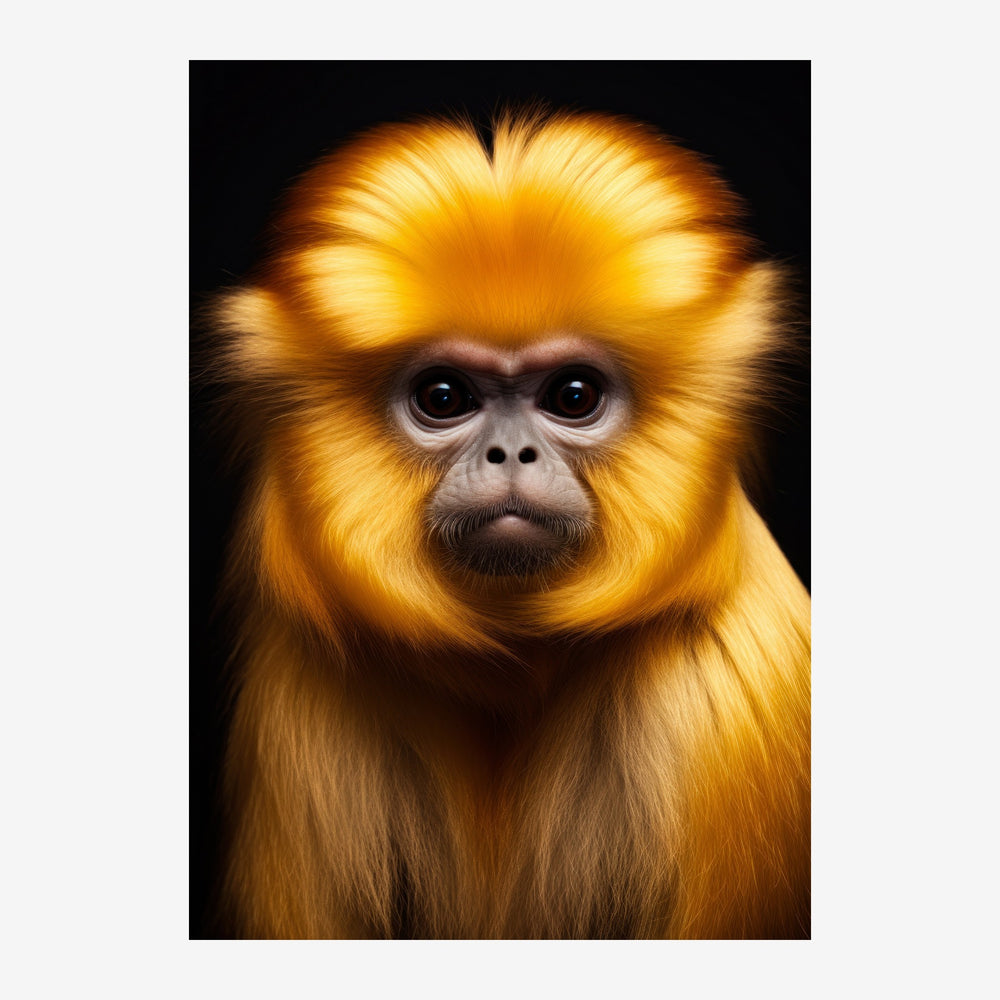 Portrait d'un singe au pelage doré et aux yeux noirs directs, photographié de face sur un fond noir.