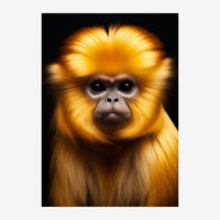 Portrait d'un singe au pelage doré et aux yeux noirs directs, photographié de face sur un fond noir.
