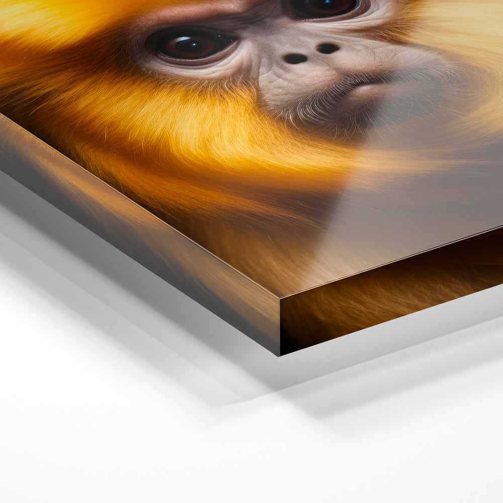 Gros plan de la matière : le tirage sous verre acrylique, tranche transparente visible.