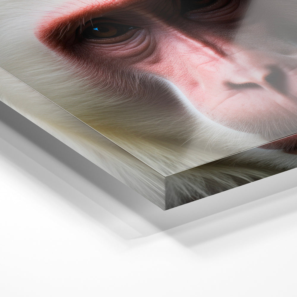 Gros plan de la matière : le tirage sous verre acrylique, tranche transparente visible.