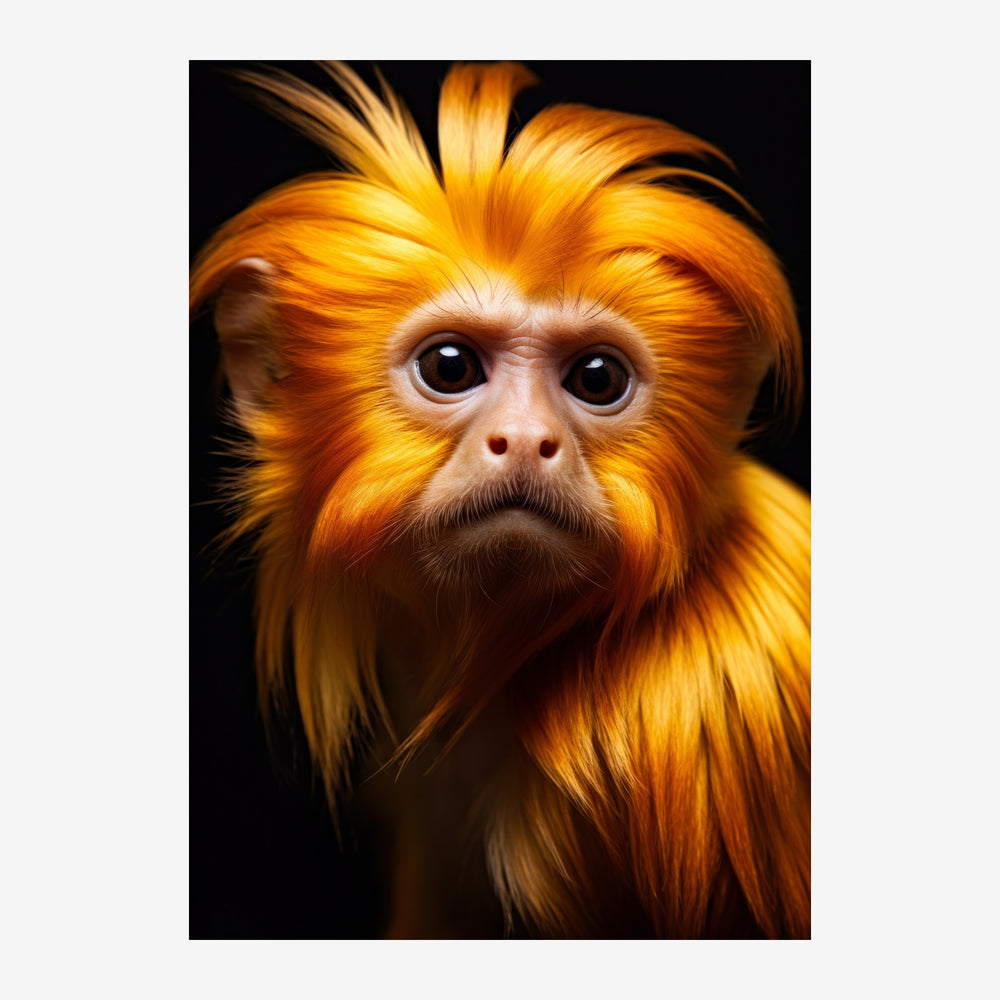 Portrait rapproché d'un singe au pelage roux et or, aux yeux noirs intensément fixants, sur fond noir.