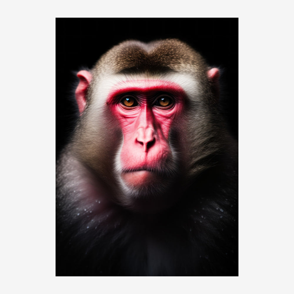 Portrait d'un primate au visage rose et blanc encadré de fourrure grise, aux yeux dorés intenses, sur fond noir.