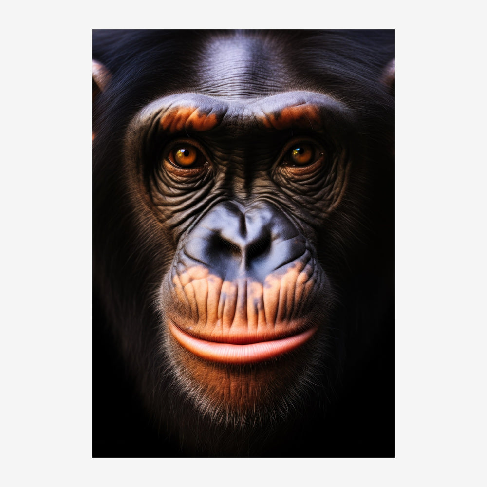 Portrait rapproché d'un chimpanzé regardant directement l'objectif, avec des yeux d'un doré intense et un visage aux tons.