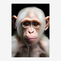 Portrait frontal d'un chimpanzé à fourrure blanche et grise avec des yeux jaunes dorés intenses, regardant directement vers.