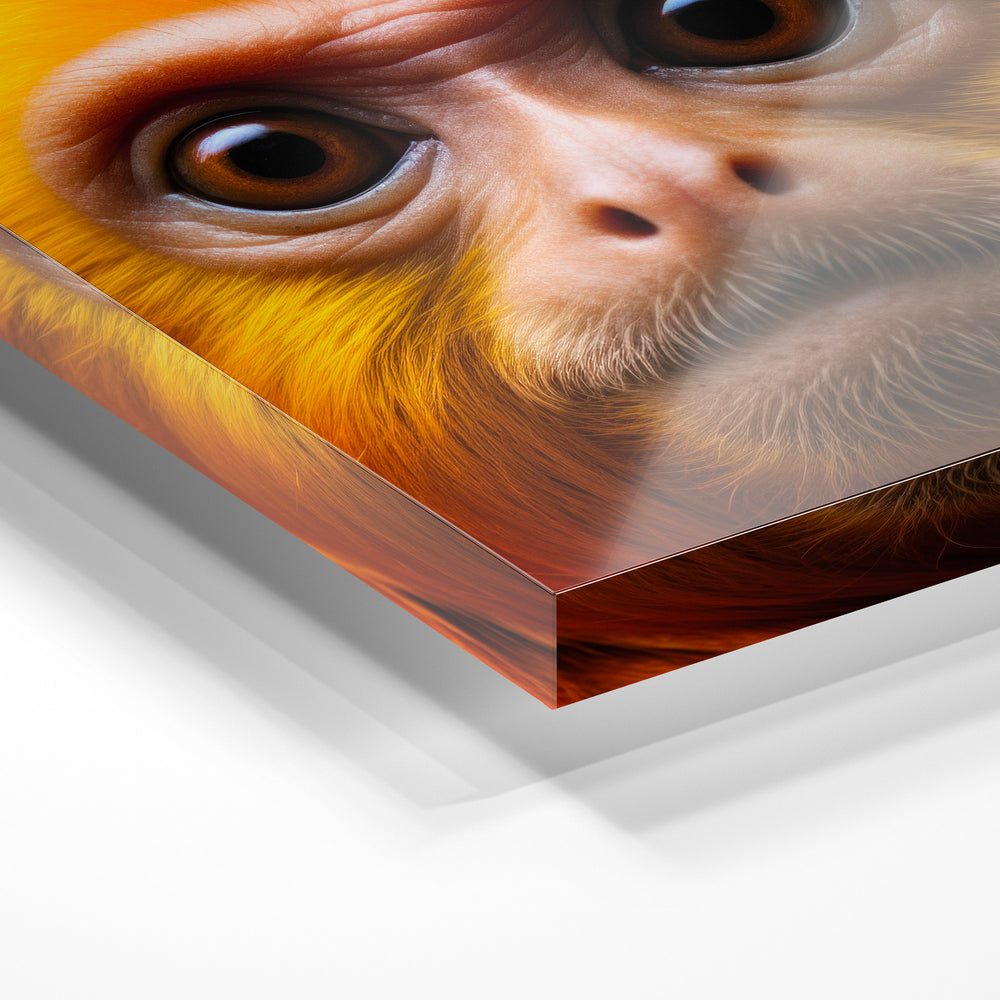 Gros plan de la matière : le tirage sous verre acrylique, tranche transparente visible.