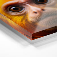 Gros plan de la matière : le tirage sous verre acrylique, tranche transparente visible.