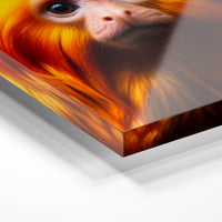 Gros plan de la matière : le tirage sous verre acrylique, tranche transparente visible.