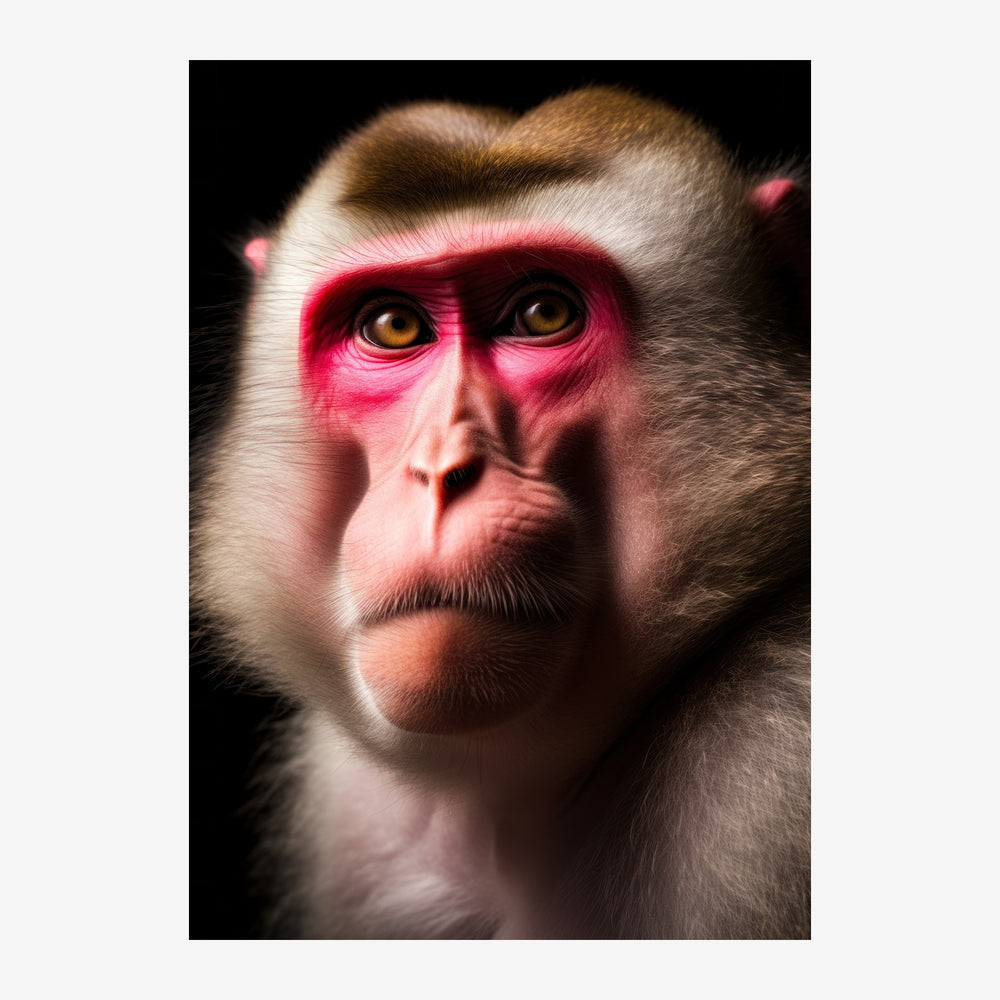 Gros plan du visage d'un singe au pelage gris-beige avec les yeux et la zone faciale entourés de rose vif, sur fond noir.