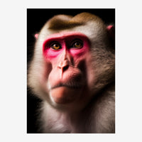 Gros plan du visage d'un singe au pelage gris-beige avec les yeux et la zone faciale entourés de rose vif, sur fond noir.