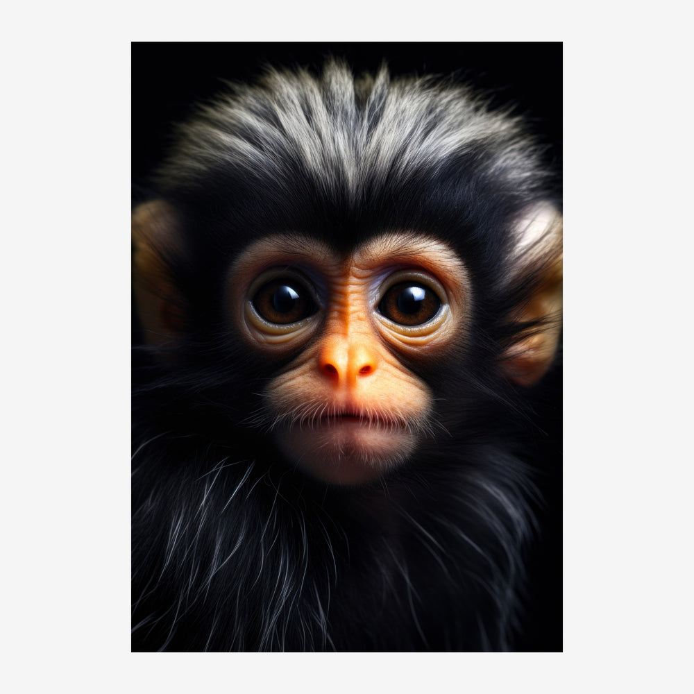 Portrait en gros plan d'un singe aux yeux ambrés expressifs, entouré d'un pelage noir et gris sur fond sombre.